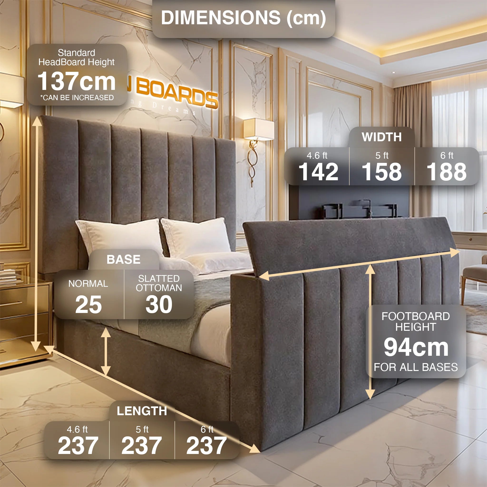 DreamScreen™ TV Bed – Luxury Upholstered Frame with 27″–43″ TV Lift & Ottoman Storage