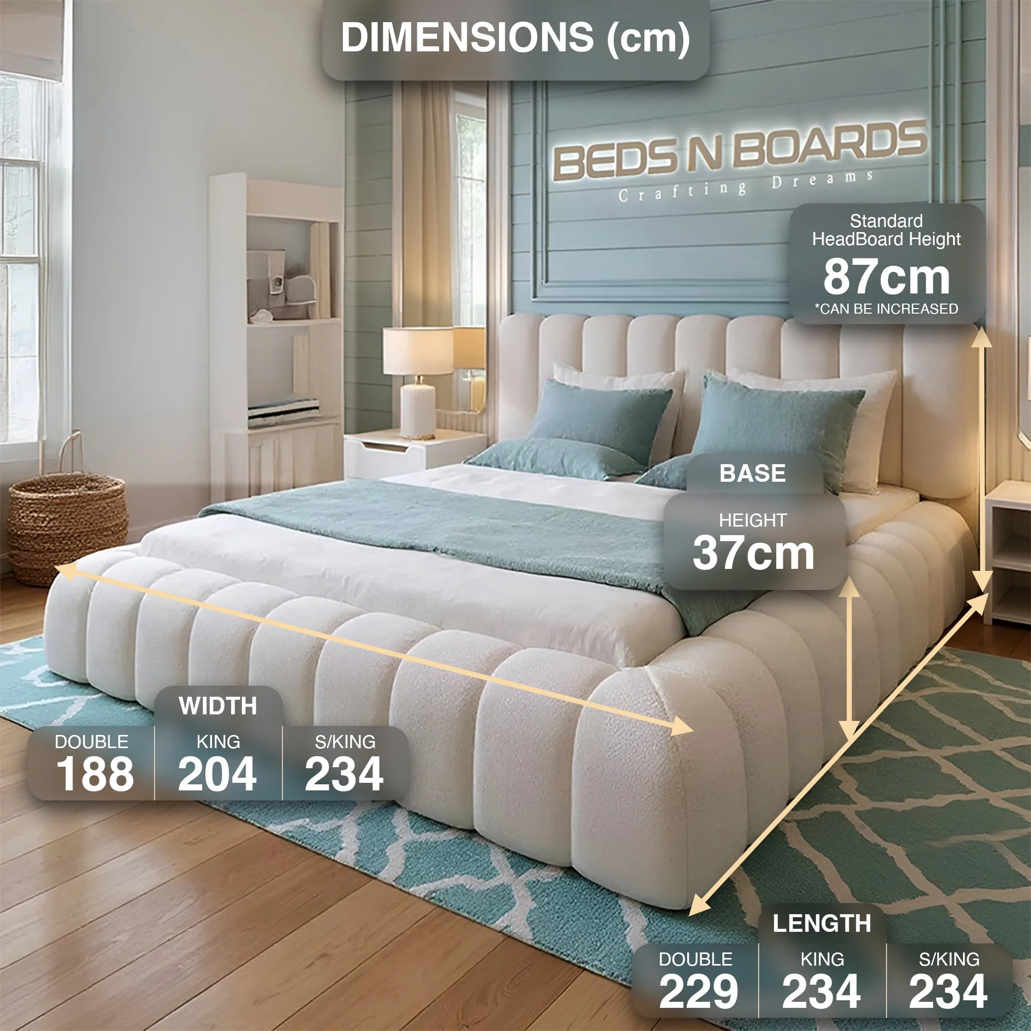 Cloudora Luxury Bed – Curved Boucle Bed Frame