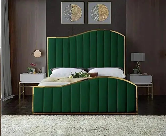 Elegant Gold Fabric Border Panel Velvet Upholstered Bed frame - BedsnBoards