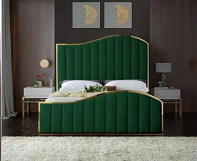 Elegant Gold Border Panel Plush Velvet Upholstered Bed