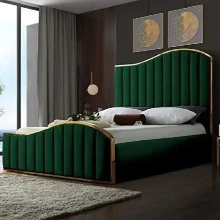 Elegant Gold Fabric Border Panel Velvet Upholstered Bed frame - BedsnBoards