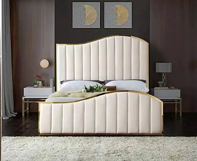 Elegant Gold Fabric Border Panel Velvet Upholstered Bed frame - BedsnBoards