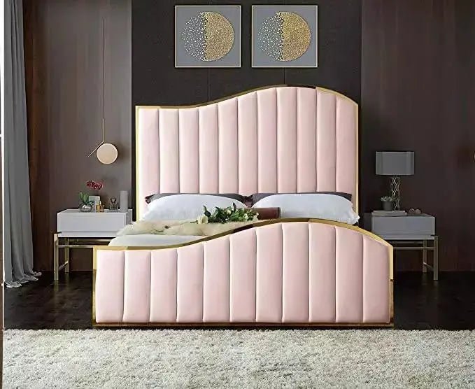 Elegant Gold Fabric Border Panel Velvet Upholstered Bed frame - BedsnBoards