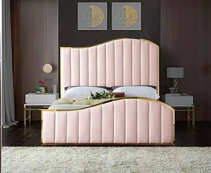 Elegant Gold Border Panel Plush Velvet Upholstered Bed