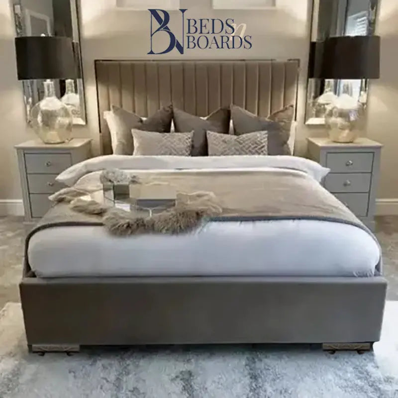 Elegant Tiffany Silver Border Luxury Upholstered Bed Frame BedsnBoards