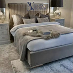 Load image into Gallery viewer, Elegant Tiffany Silver Border Luxury Upholstered Bed Frame BedsnBoards
