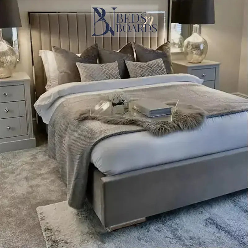 Elegant Tiffany Silver Border Luxury Upholstered Bed Frame BedsnBoards