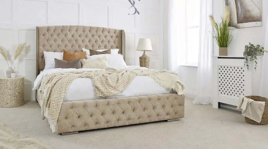 Emmerson Wingback Upholstered Bed Frame - BedsnBoards