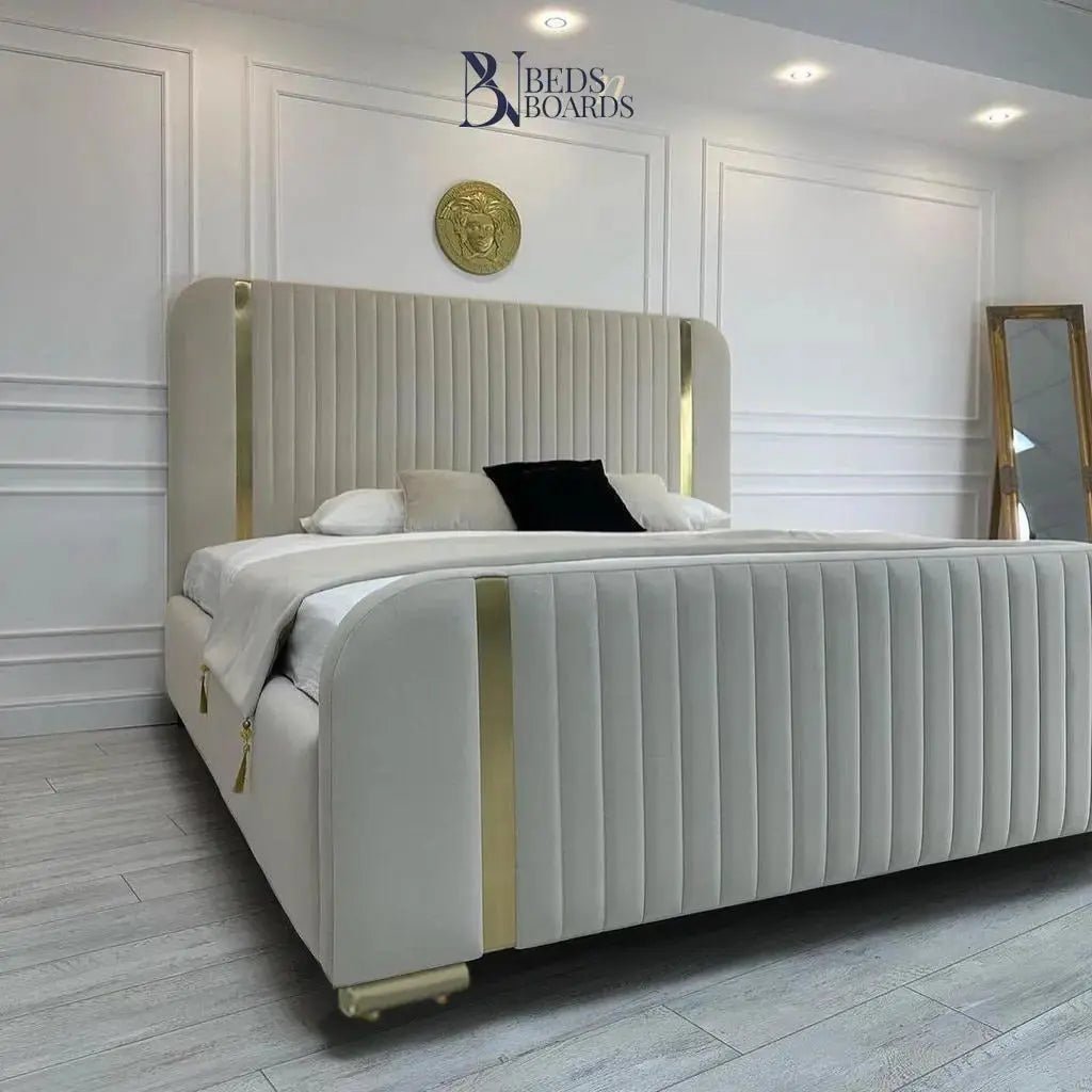Gold Border Excellence Frame design Upholstered Bed - BedsnBoards