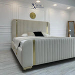 Load image into Gallery viewer, Golden Strip Panelled upholstered Premium bed BedsnBoards
