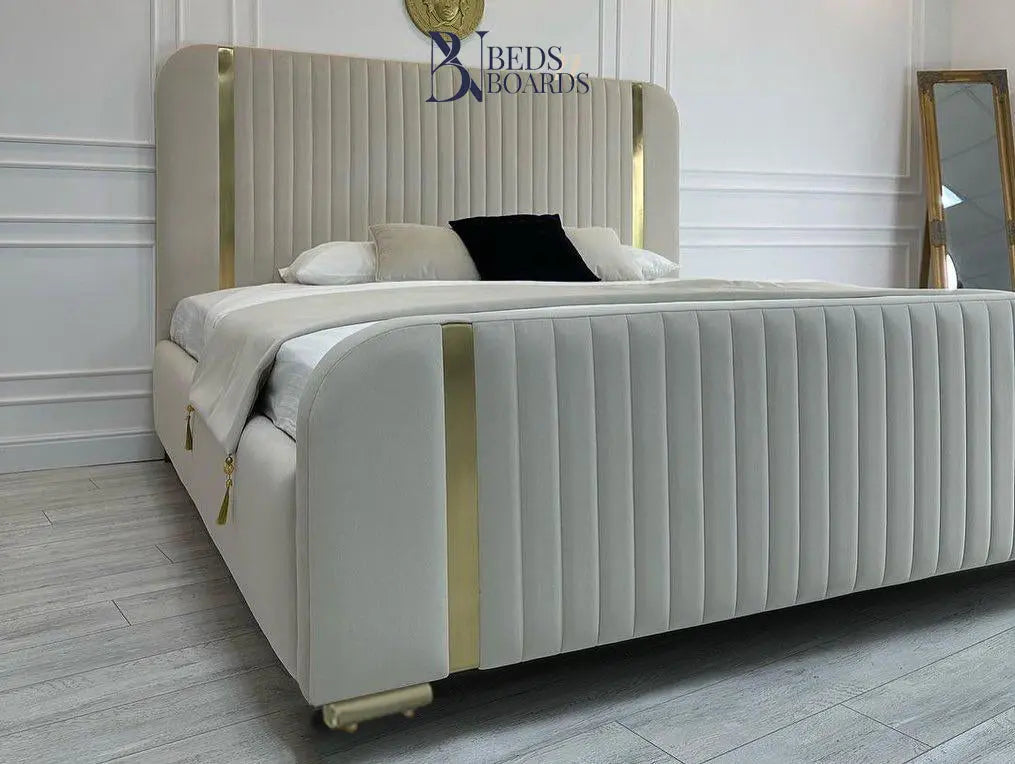 Golden Strip Panelled upholstered Premium bed BedsnBoards