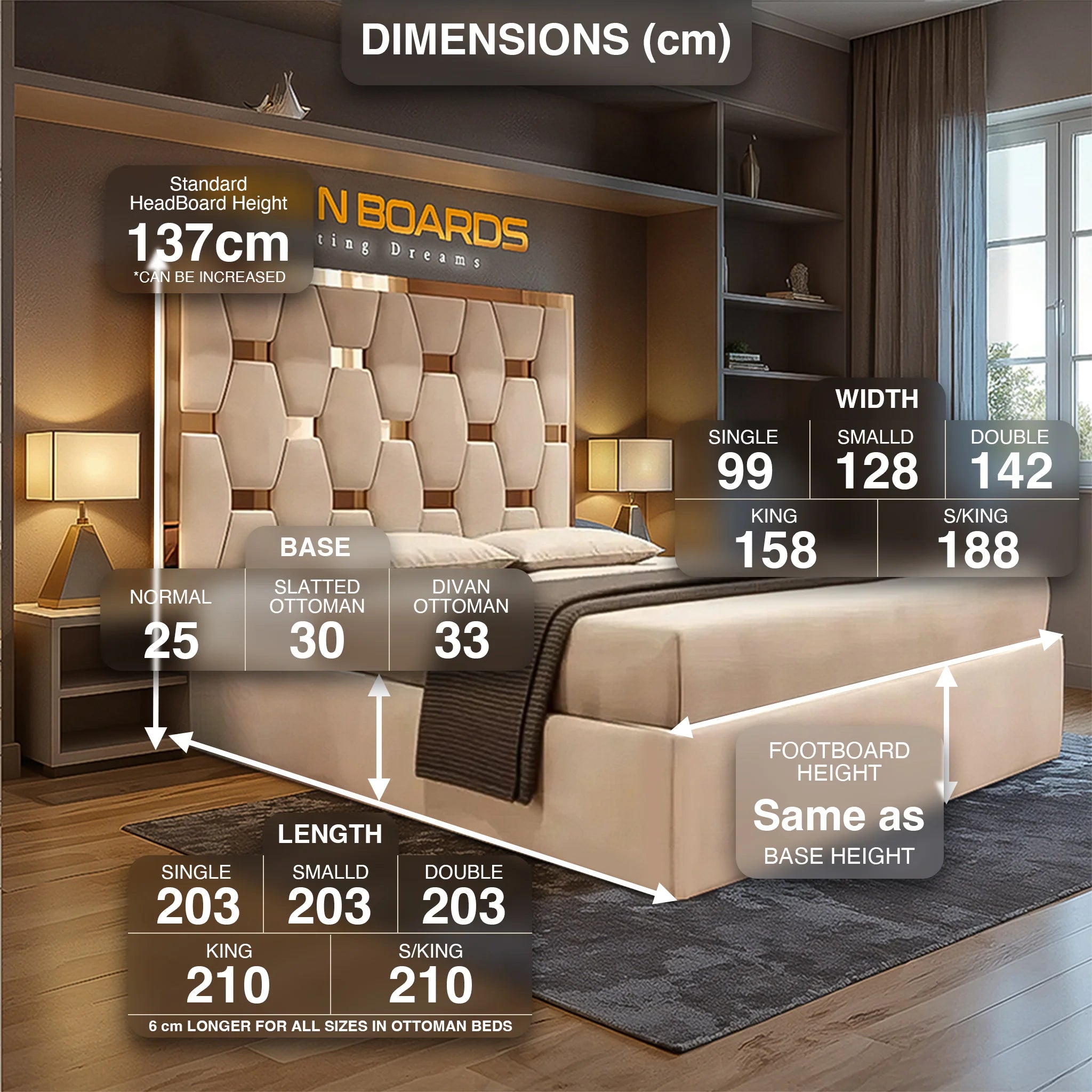 Marlowe Opulence Bed Frame – HexaGold Headboard Design with Optional Ottoman Storage