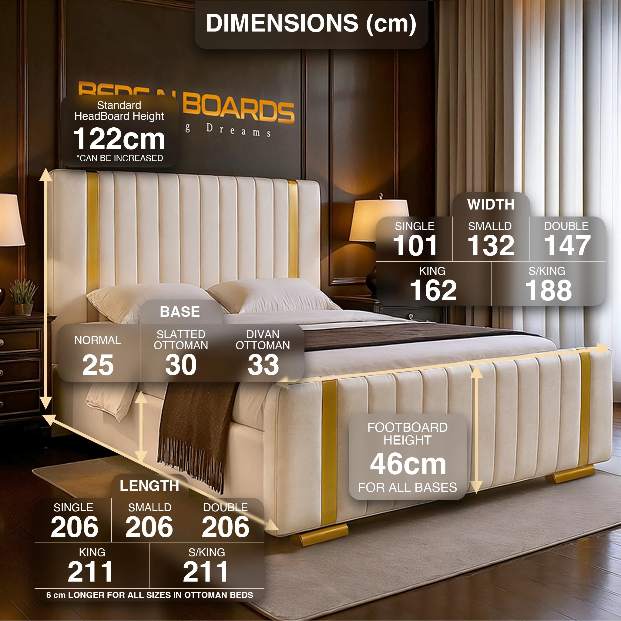 Golden Strip Panelled upholstered Premium bed Frame