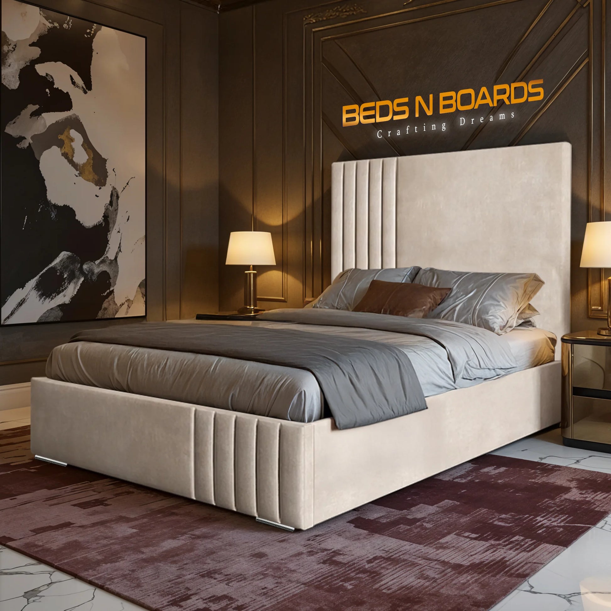 Modern bedroom with a large hamilton luxury bed, lamps, and artwork on a wall.
