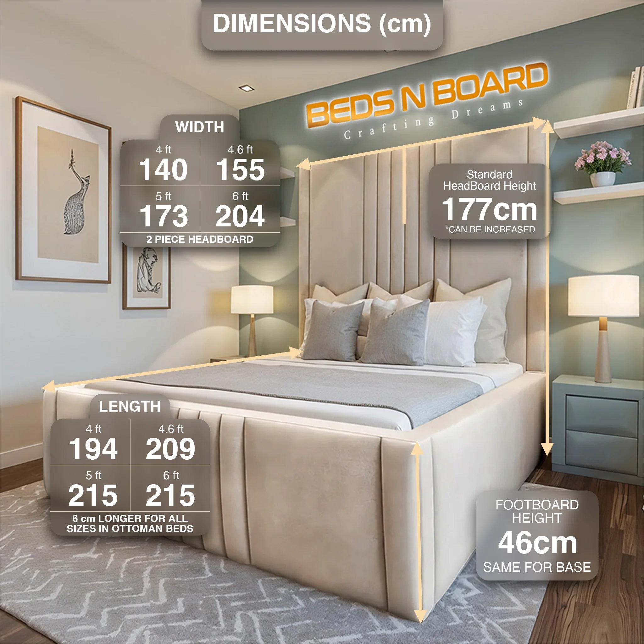 2025 Empire Luxury High Headboard Bed Frame (2-Piece Design) – Upholstered Bed with Optional Ottoman Storage