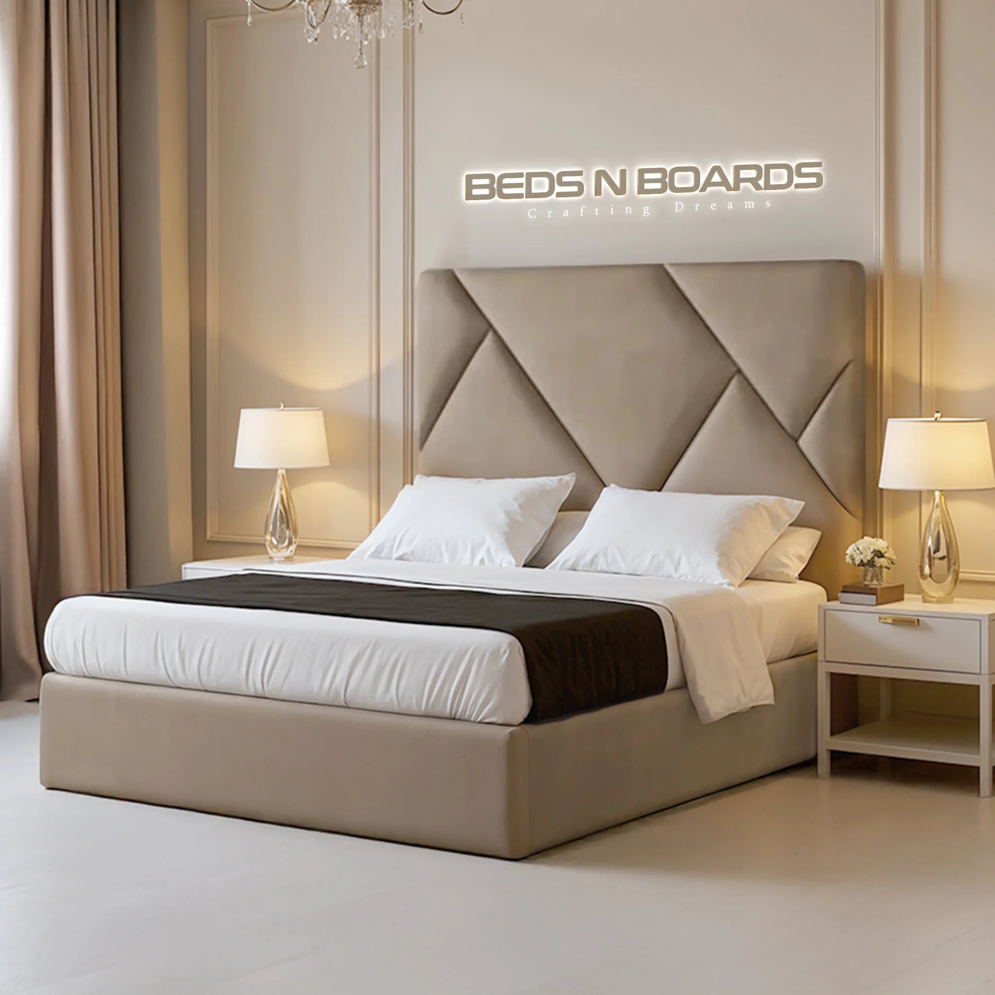 Beige upholstered bed with matching headboard in a bedroom setting, featuring 'Beds N Boards' branding.