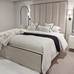 Load image into Gallery viewer, Mercer Cream Velvet Luxury Panelled Bed with Contrast Black Piping
