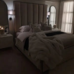 Load image into Gallery viewer, Mercer Cream Velvet Luxury Panelled Bed with Contrast Black Piping
