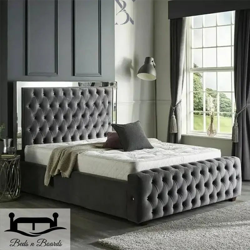 2025 Chesterfield Luxury Bed – Chrome Trim Tufted Frame - BedsnBoards