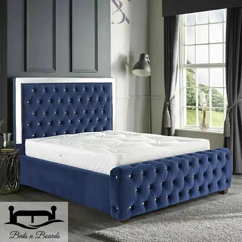 2025 Chesterfield Luxury Bed – Chrome Trim Tufted Frame - BedsnBoards