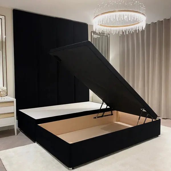Noir Black Velvet Ottoman Divan Bed Base - BedsnBoards