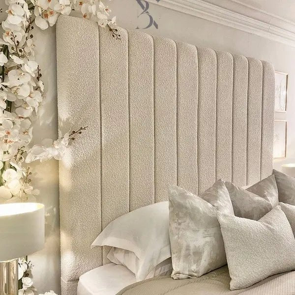 Nori Boucle Luxury Bed – Cream Panelled Headboard | Ottoman Storage - BedsnBoards