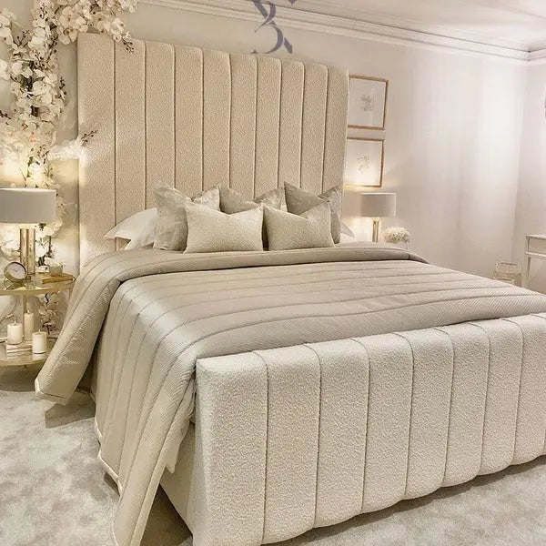 Nori Boucle Luxury Bed – Cream Panelled Headboard | Ottoman Storage - BedsnBoards