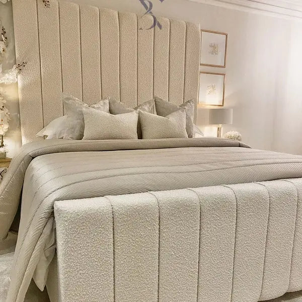 Nori Boucle Luxury Bed – Cream Panelled Headboard | Ottoman Storage - BedsnBoards