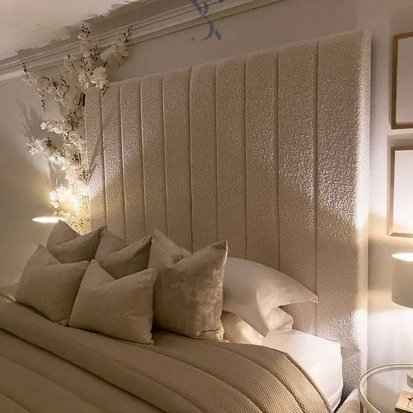 Nori Boucle Luxury Bed – Cream Panelled Headboard | Ottoman Storage - BedsnBoards
