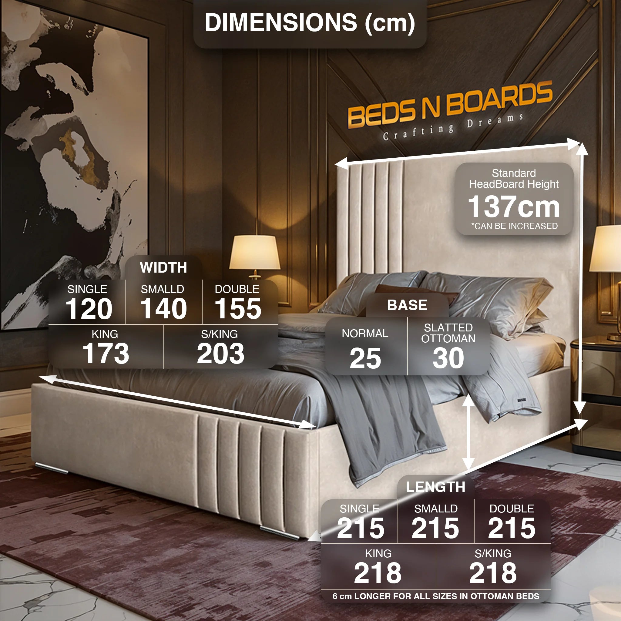 Hamilton Luxury Bed – Crushed Velvet, Plush, Ottoman, All Sizes