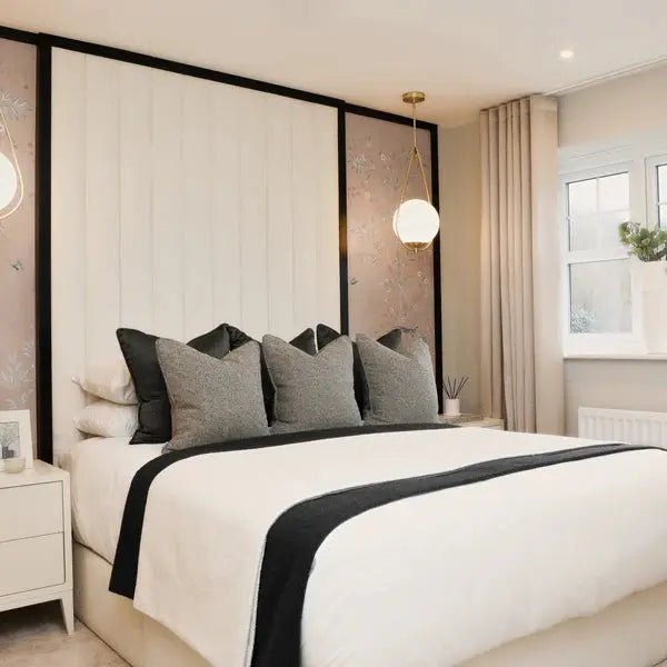 Valentina Cloud Boucle & Black Channeled Headboard - BedsnBoards