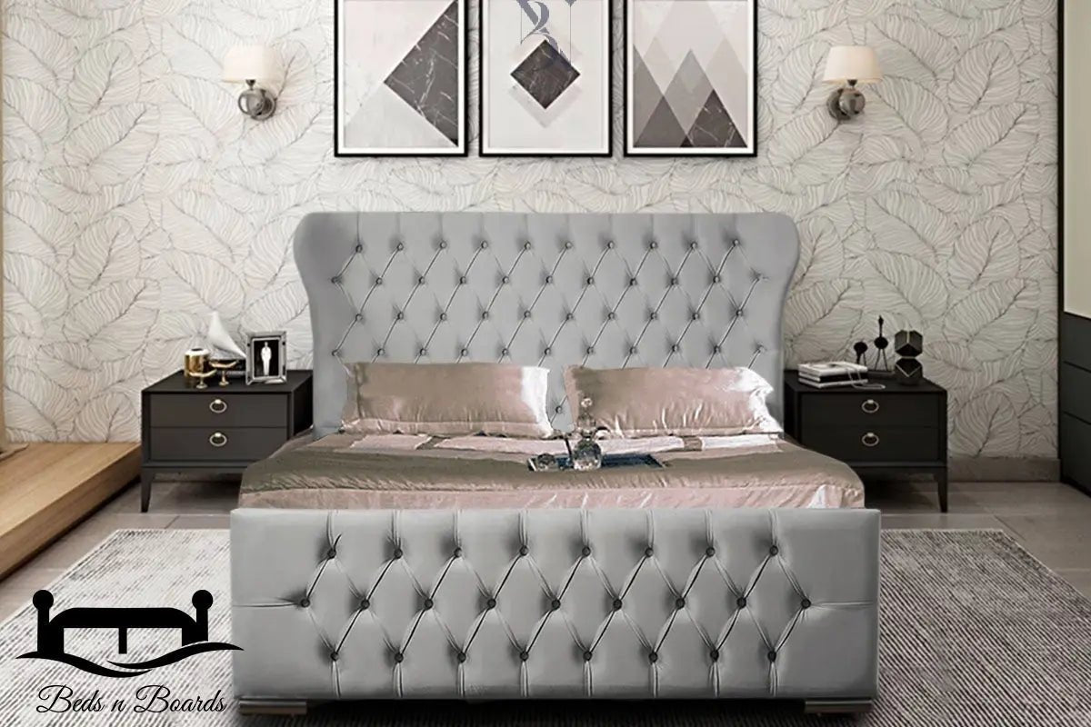 Miami Wingback Curved Chesterfield Luxury Bed - BedsnBoards