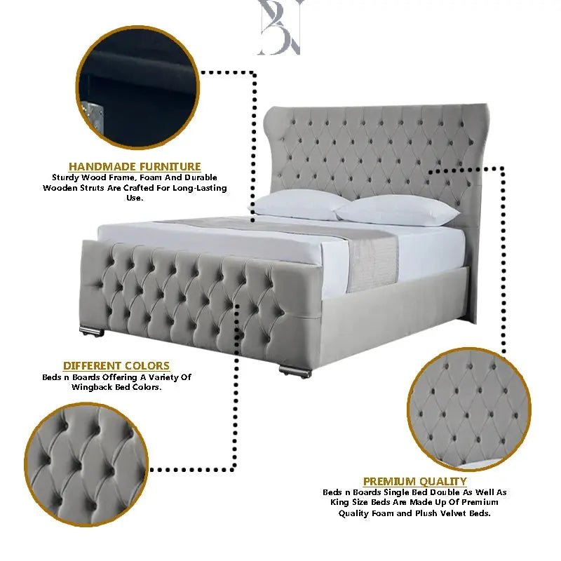 Miami Wingback Curved Chesterfield Luxury Bed - BedsnBoards