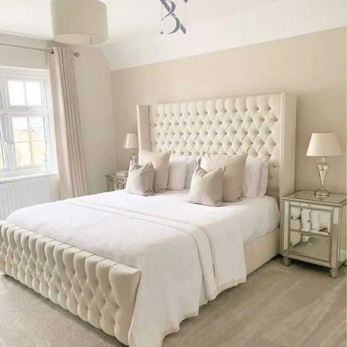 COAL Winged Chesterfield Luxury Velvet Upholstered Bed - BedsnBoards