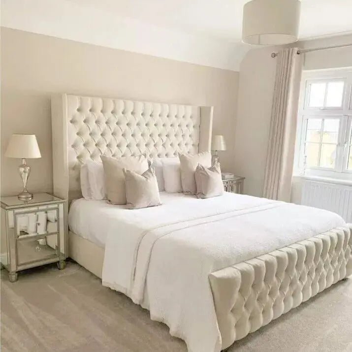 COAL Winged Chesterfield Luxury Velvet Upholstered Bed - BedsnBoards