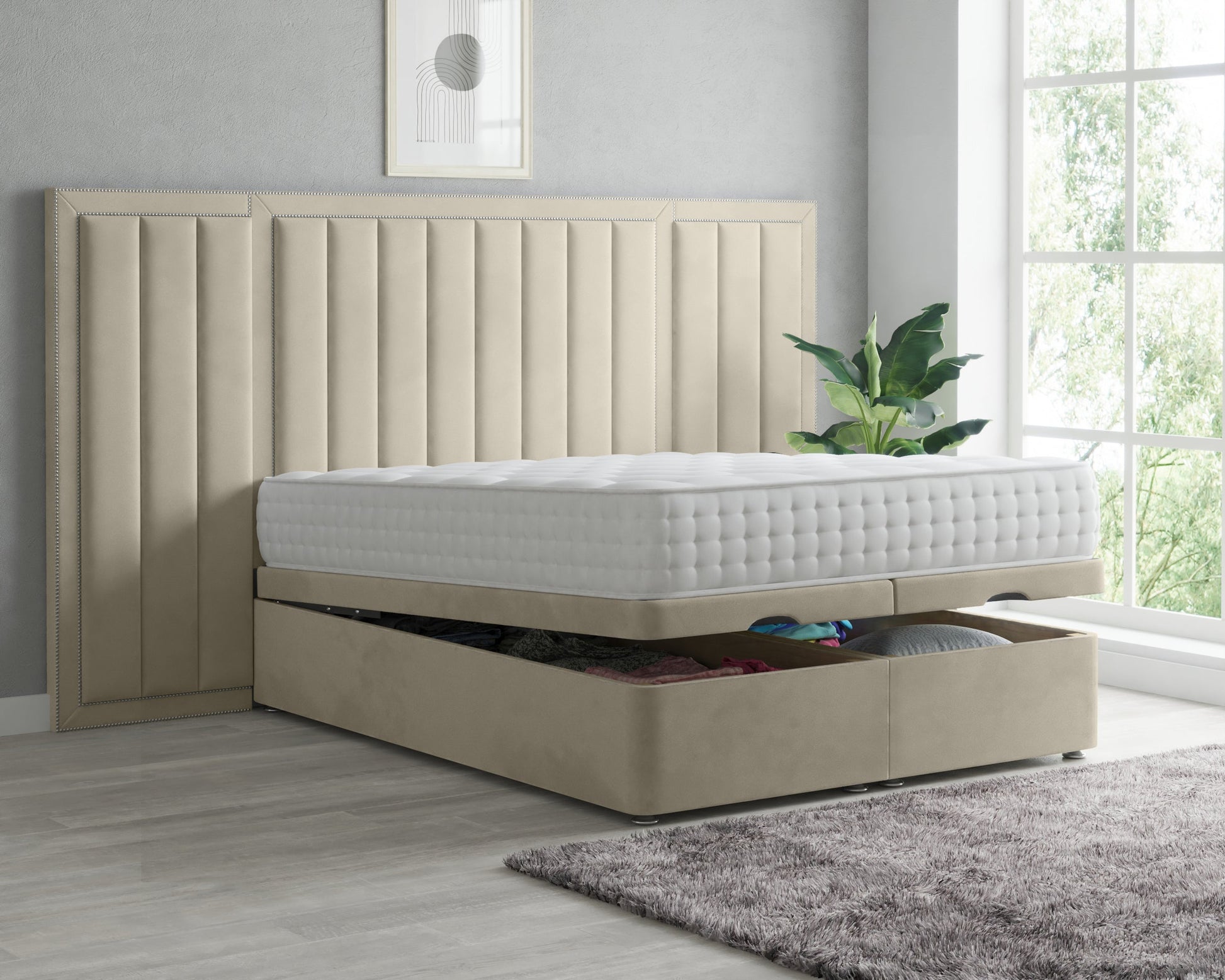 Barnie Panel Extended Headboard Ottoman Storage Bed - BedsnBoards