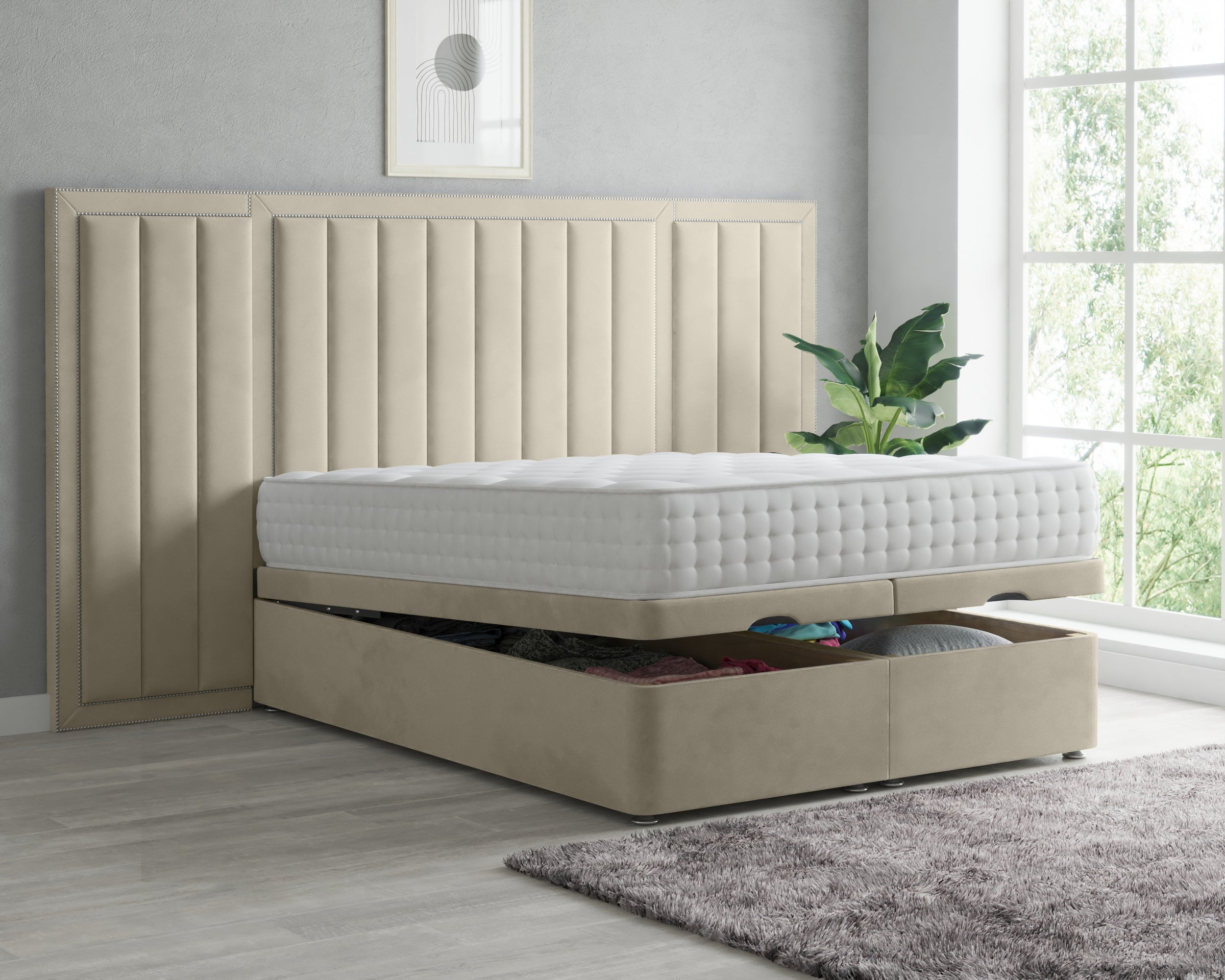 Barnie Panel Extended Headboard Ottoman Storage Bed - BedsnBoards